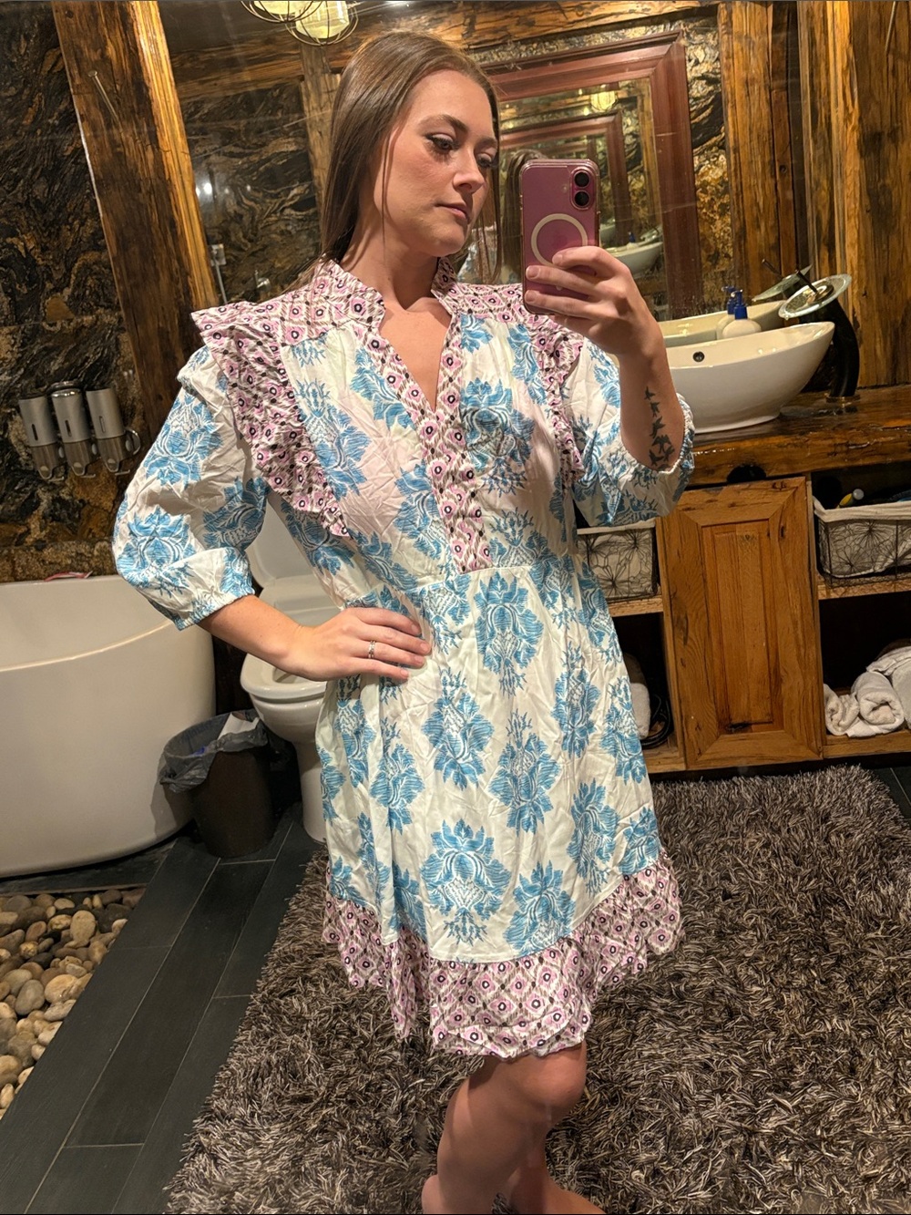 M Floral Ruffle-Trim Cotton Dress in Blue and Pink